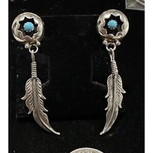 Bear Paw Native American Sterling Silver Turquoise Cabochon Earrings Feather